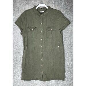 Nicole Miller Linen Blend Dress Womens Sz Large Olive Green Button Up‎ 4 Pockets